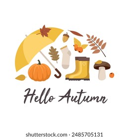 Hello Autumn set with lettering. Umbrella, pumpkin, rubber boots and seasonal elements.