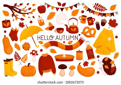 Hello Autumn set with lettering. Warm sweater, scarf, raincoat, fall leaves, mushrooms, hedgehog, pumpkin, pie. Hand drawn fall season vector elements in flat style. For cards, web, poster, stickers