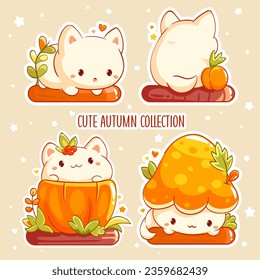 Hello autumn. Set of little kitty in kawaii style. Tiny baby cat in multiple poses. Cute kitten expression sheet collection. Can be used for t-shirt print, sticker, greeting card. Vector EPS8