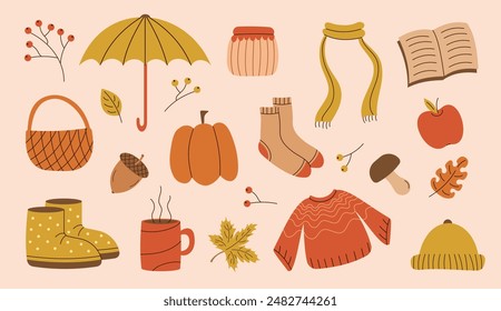 Hola set de otoño. Calabaza, bellota, paraguas, bufanda, suéter, libro, botas, hojas, cesta. Ilustración vectorial dibujada a mano