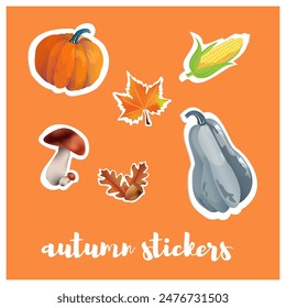 Hello autumn. Set of pumpkin, corn and mushroom stickers. Autumn design elements invitations, covers, banners, ptinting. Vector illustration.