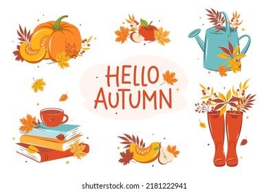 Hola, otoño. Está equipado con calabaza, fruta, botas de agua, botas de agua, libros y hojas de otoño. Ilustración del vector