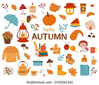 Hello Autumn. Set with pumpkin, fruit, cute wellies boots, books and autumn leaves. Collection of elements for autumn coziness. Vector illustration