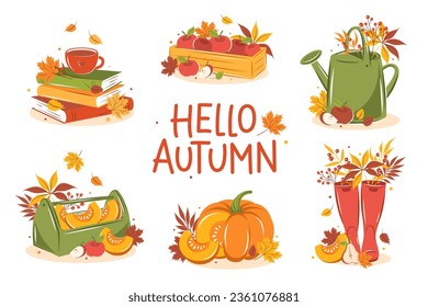 Hello Autumn. Set with pumpkin, fruit, cute wellies boots, watering can, books and autumn leaves. Vector illustration