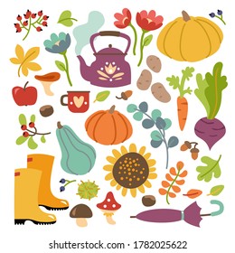 Hello Autumn set. Simple organic life. Collection of different autumn elements, harvest, pumpkin, leaves, teapot, rubber boots, isolated on white background
