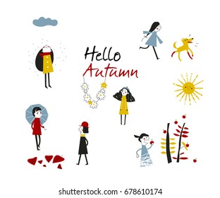 Hello, Autumn Set of stylized graphic images of people, elements of the season and weather Vector illustration
