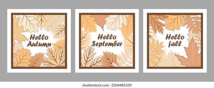 hello autumn, a set of three square frames made of fallen autumn leaves with text, an empty space. elegant autumn vector illustration en beige and powder tones