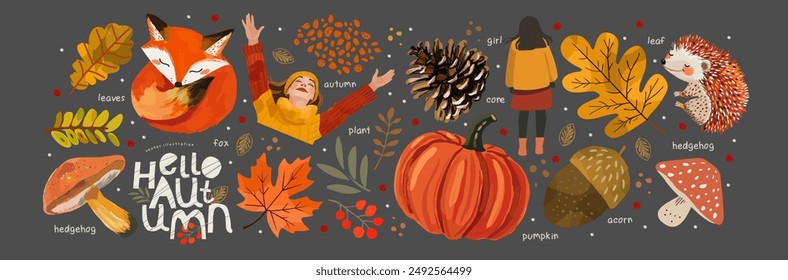 Hola, otoño. Conjunto de Vector lindas ilustraciones de hongo, erizo, hojas, calabaza, bellota, niña, hoja de arce, objetos, Elementos, ícono para tarjeta de felicitación, invitación o Anuncio. Colección.