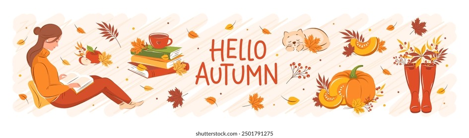 Hello, autumn. Set of vector cute illustrations of leaves, pumpkin, girl reading book, cat, maple leaf, objects. Vector illustration for greeting card or banner.
