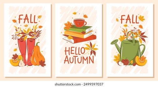 Hello, Autumn. Set of vector illustration with pumpkin, fruit, watering can and autumn leaves. Gardening, growing plants. Happy thanksgiving.