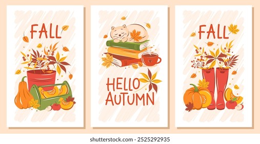 Hello, Autumn. Set of vector illustration with pumpkin, fruit, watering can and autumn leaves. Gardening, growing plants. Happy thanksgiving.