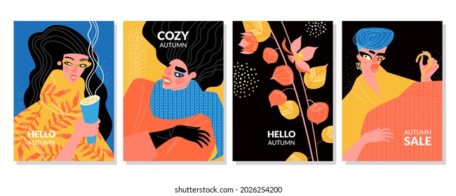 Hello autumn set of vector illustrations for cards and flyers with girls in warm clothes. Seasonal offer banner templates.