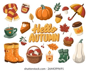 Hello Autumn set. Vector isolated illustrations of cozy fall and seasonal objects on white background
