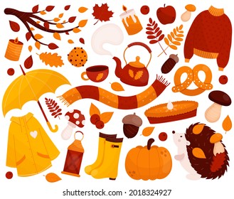 Hello Autumn set. Warm sweater, scarf, raincoat, fall leaves, mushrooms, hedgehog, pumpkin, pie. Hand drawn fall season vector elements in flat style. For cards, web, posters, stickers.

