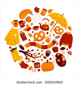 Hello Autumn set. Warm sweater, scarf, raincoat, fall leaves, mushrooms, hedgehog, pumpkin, pie. Hand drawn fall season vector elements in flat style. For cards, web, posters, stickers. Round frame.