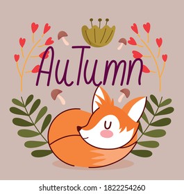 hello autumn sleeping cute fox floral leaves mushrooms background vector illustration