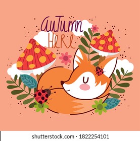 hello autumn, sleeping fox cartoon mushrooms ladybug flowers natural vector illustration