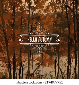 Hello autumn square banner background with autumn forest landscape, golden trees, leaves, river and sky. Hello autumn and September poster, label, social media post design template