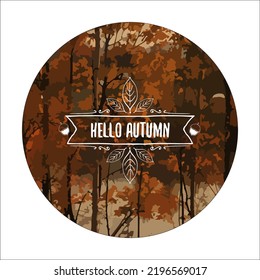 Hello autumn square banner background with autumn forest landscape, golden trees, leaves, river and sky. Hello autumn and September poster, label, social media post design template