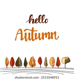 Hello Autumn. Square banner with autumn trees and ink lines. Back to school. Place for placing text, advertising, promotion, discounts.