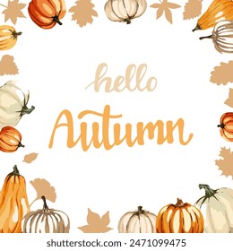 Hello Autumn. Square bright card on a transparent background with watercolor pumpkins in white and orange shades and autumn leaves. Eps10.