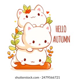 Hello autumn. Square card with three little kittens in kawaii style. Can be used for t-shirt print, sticker, season greeting card design. Vector illustration EPS8