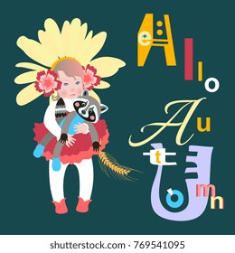 "Hello Autumn" square vector card with lovely little girl and funny toy raccoon.