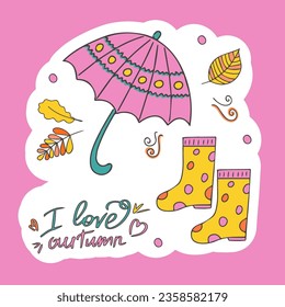 Hello, Autumn. Sticker with autumn cozy elements and inscriptions. Sticker or design with space for text. Hand drawn in doodle style. Isolated illustration. Vector.