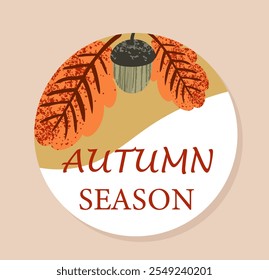 Hello autumn sticker. Fall season element. Branch with orange leaves and acorn. Autumn season inscription. Badge for social networks. Flat vector illustration isolated on beige background