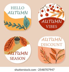 Hello autumn stickers set. Fall season stickers pack. Typography and calligraphy. Coziness, comfort and hygge. Red berries and orange leaves. Flat vector collection isolated on white background