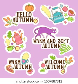 Hello, Autumn. Stickers set. Hot drinks. Cute cat. Autumn leaves. Lettering. Isolated vector objects. Purple.