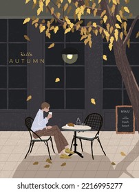 Hola, otoño. Mesa de café. Hombre en la silla. Café y pan. Caer deja follaje. Rama de otoño. Invitación, impresión, postal, cartel, plantilla de pancarta. Estilo simple, ilustración plana vectorial.