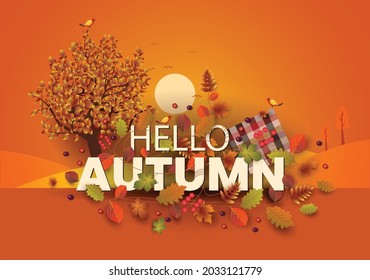 hello Autumn stylish background decorate with leaves and fruits. web banner. Vector illustration poster template design.	