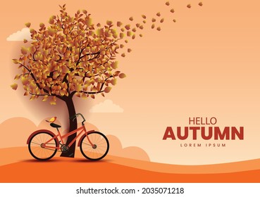 hello Autumn stylish background decorate with leaves and tree. web banner. Vector illustration poster template design.	