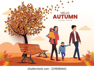 hola Otoño decoración elegante con hojas y árboles. madre y padre caminando con hijos. Diseño de plantillas de afiche de ilustración de vector.	