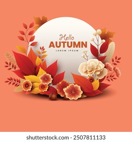 hello Autumn stylish background decorate with leaves. web banner. abstract  Vector illustration poster template design.	