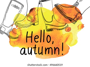 
Hello, autumn! Stylish grunge background on autumn theme. Spots yellow watercolor paints, rubber boots and handwriting.