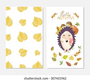 Hello autumn! Stylish inspiration card in cute style with cartoon hedgehog. Template for print design.