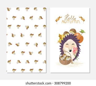 Hello autumn! Stylish inspiration card in cute style with cartoon hedgehog and mashrooms background.