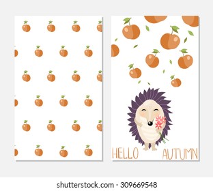 Hello autumn! Stylish inspiration card in cute style with cartoon hedgehog and red apples. Template for print design.