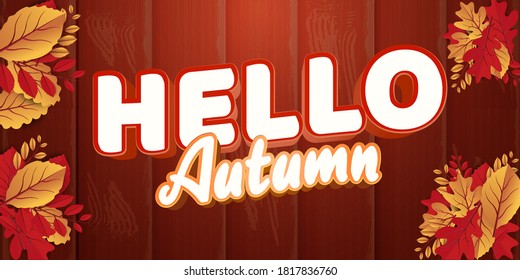 Hola otoño texto elegante y hojas de otoño sobre fondo de madera