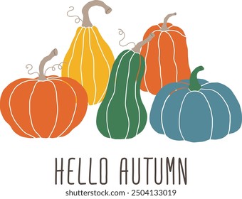 Hello autumn template banner, postcard, cover. Composition with colorful hand drawn pumpkins.