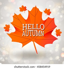 hello autumn template with orange maple leaf on gray background design sale gold