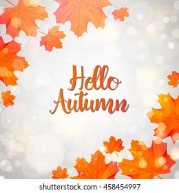 hello autumn template with orange maple leaf on gray background design sale gold