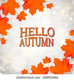 hello autumn template with orange maple leaf on gray background design sale gold