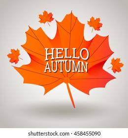 hello autumn template with orange maple leaf on gray background design sale gold