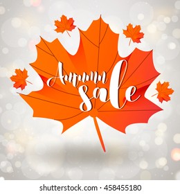 hello autumn template with orange maple leaf on gray background design sale gold