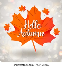hello autumn template with orange maple leaf on gray background design sale gold