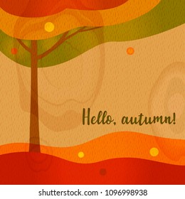 Hello autumn text. Abstract color wave and tree. Wood texture for background design.