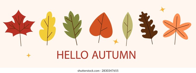 Hello Autumn text banner vector illustration. Flat fall banner with horizontal row of colorful leaves and seasonal greeting lettering. Cozy autumn sale or header template